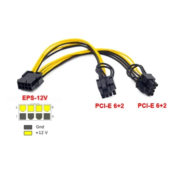 Câble adaptateur d’alimentation 174891890994 – EPS CPU 8 broches vers double PCI Express 8 broches 6+2 – 20 cm